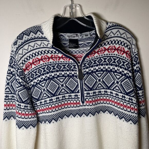 Obermeyer Men’s Quarter Zip Ski Sweater Wool Blend Beige Navy Red Fair Isle M - Picture 2 of 7